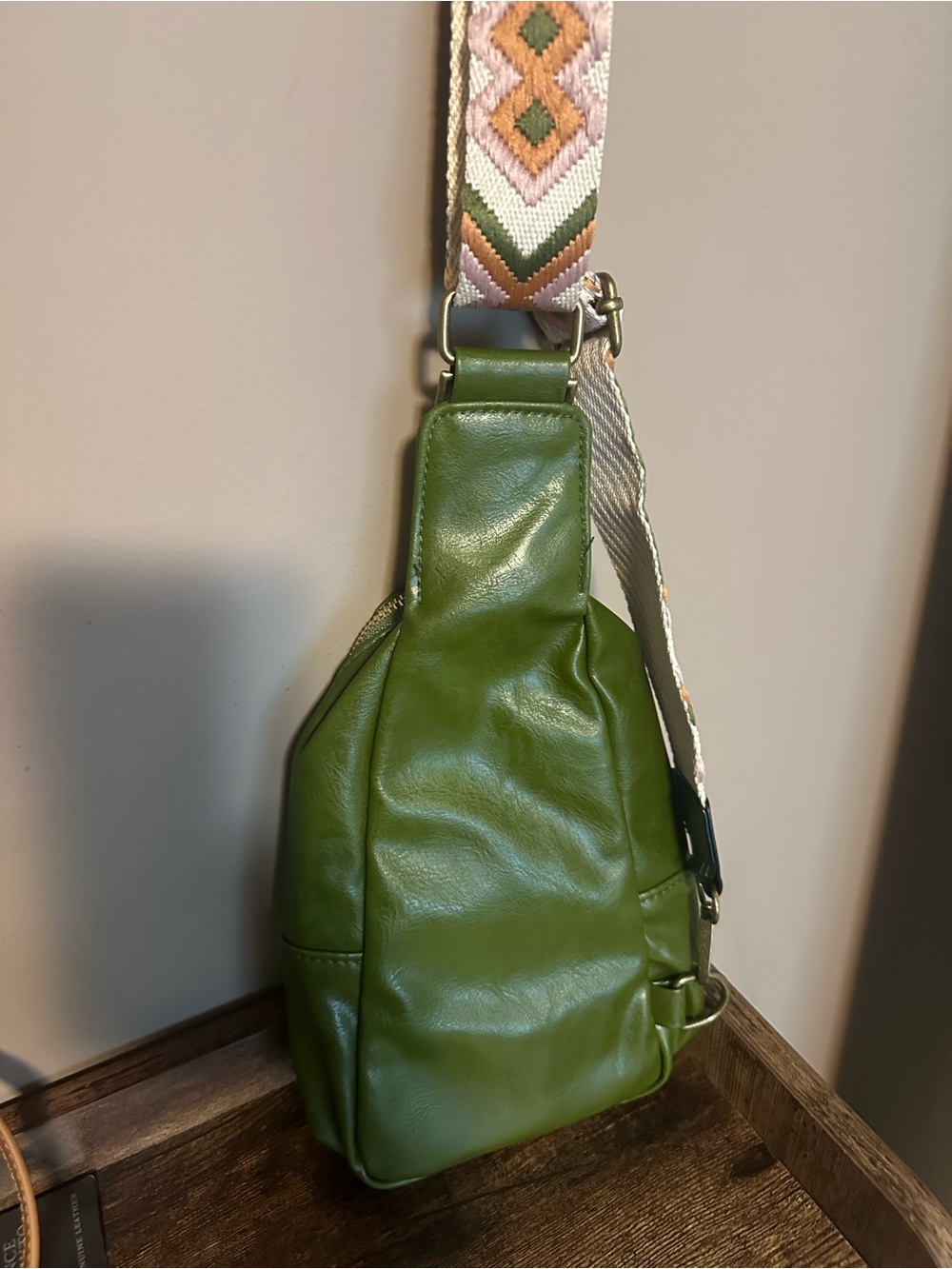 Olive Green Crossbody Sling Bag with Patterned Strap